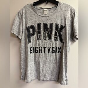 PINK Victoria's Secret Heather Gray Tee with Black Logo and Rhinestones